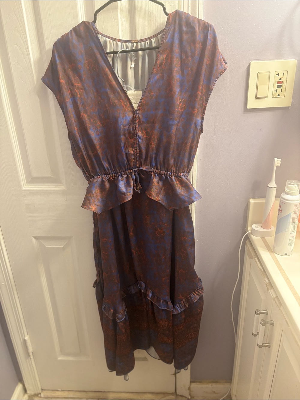 Blue & Rust Floral Satin V-Neck Sleep Shirt with Sleep Skirt Tie